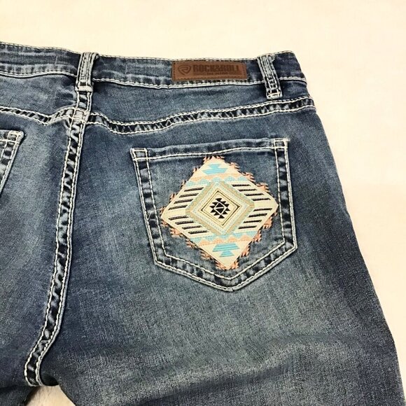 Rock & Roll Denim 28 Long Mid Rise Bootcut Aztec Women’s Jeans Aqua Stretch - Picture 9 of 13